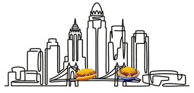 Cincinnati skyline with a cheese coney and a plate of Cincinnati chili